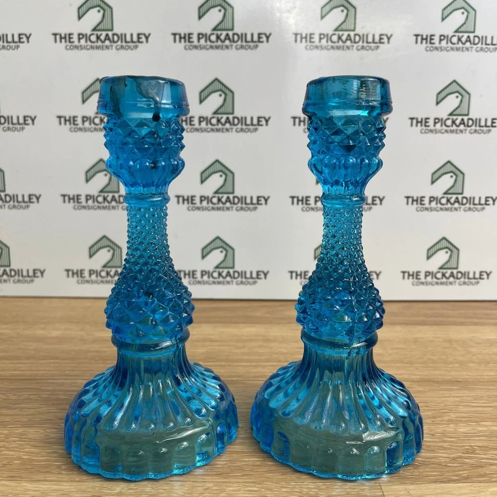 Blue Pressed Glass Diamond Point Taper Candlestick Holders Set of 2 7in Tall